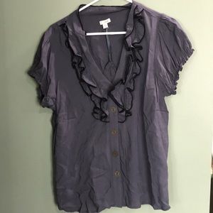 Grey ruffle button down short sleeve shirt